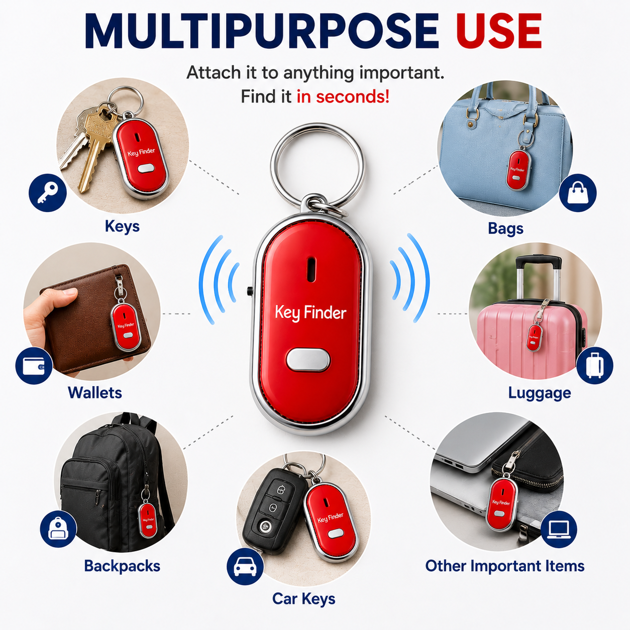 Key Finder Anti-Lost Whistle Keychain with LED Light – Sound Activated Key Locator for Keys, Bags & Wallets (1 Pc)
