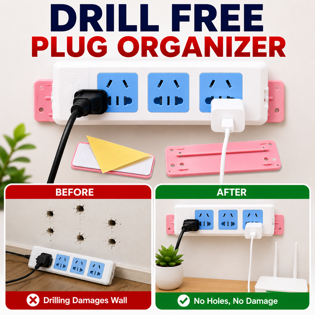 Self Adhesive No-Hole Wall Mount Plug Organizer Holder – Reusable Power Strip & Device Wall Mount (1 Pair)