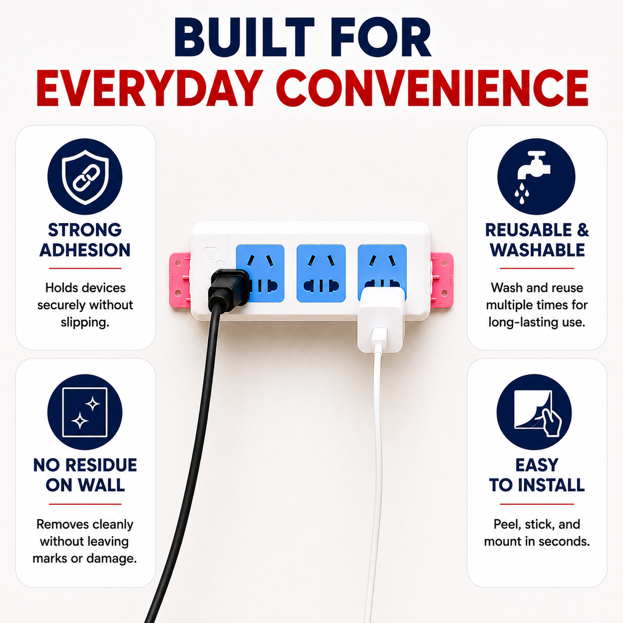 Self Adhesive No-Hole Wall Mount Plug Organizer Holder – Reusable Power Strip & Device Wall Mount (1 Pair)