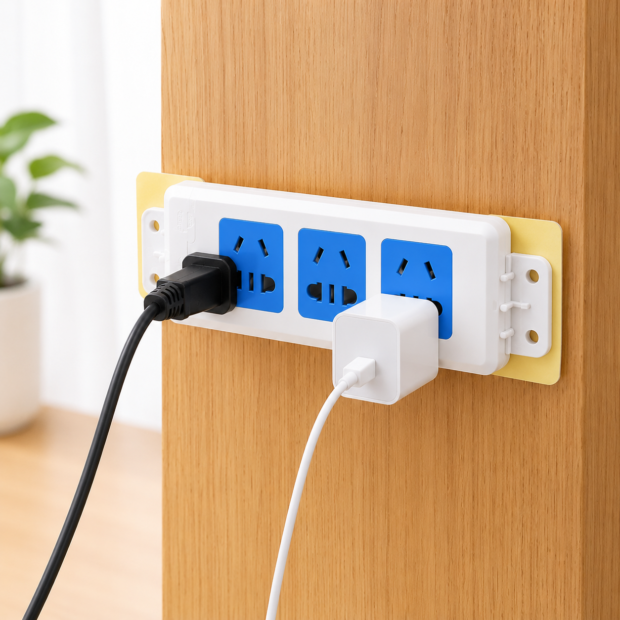 Self Adhesive No-Hole Wall Mount Plug Organizer Holder – Reusable Power Strip & Device Wall Mount (1 Pair)