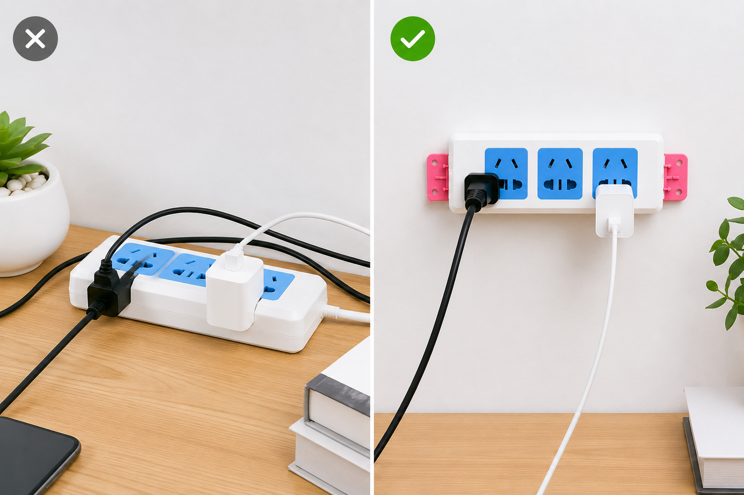 Self Adhesive No-Hole Wall Mount Plug Organizer Holder – Reusable Power Strip & Device Wall Mount (1 Pair)