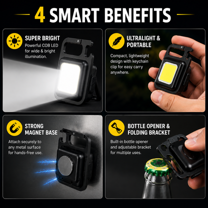 Rechargeable Mini Keychain Flashlight with Magnet Base & Bottle Opener – 4 Light Modes Portable COB LED Work Light (1 Pc)