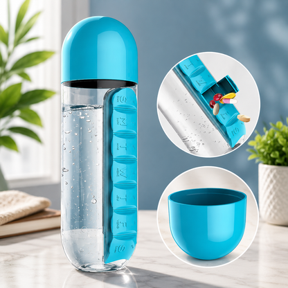 600ml Pill Organizer Water Bottle with 7-Day Vitamin Storage – Portable Travel Water Bottle with Built-in Medicine Box & Drinking Cup (1 Pc)