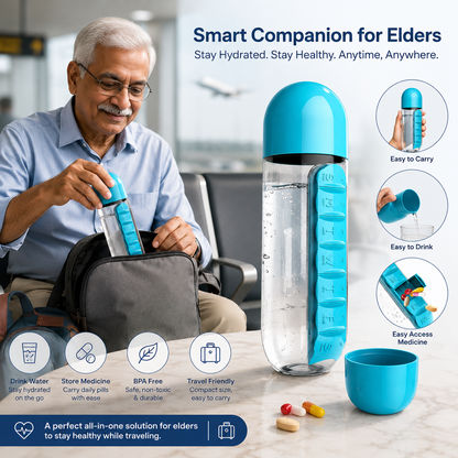600ml Pill Organizer Water Bottle with 7-Day Vitamin Storage – Portable Travel Water Bottle with Built-in Medicine Box & Drinking Cup (1 Pc)