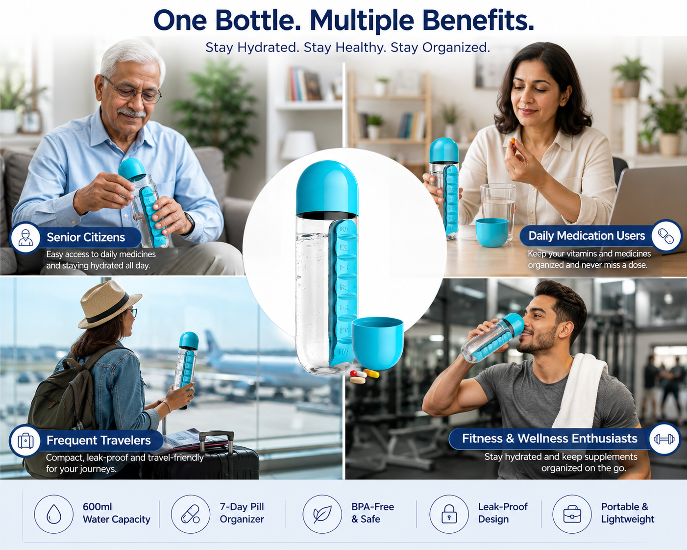 600ml Pill Organizer Water Bottle with 7-Day Vitamin Storage – Portable Travel Water Bottle with Built-in Medicine Box & Drinking Cup (1 Pc)