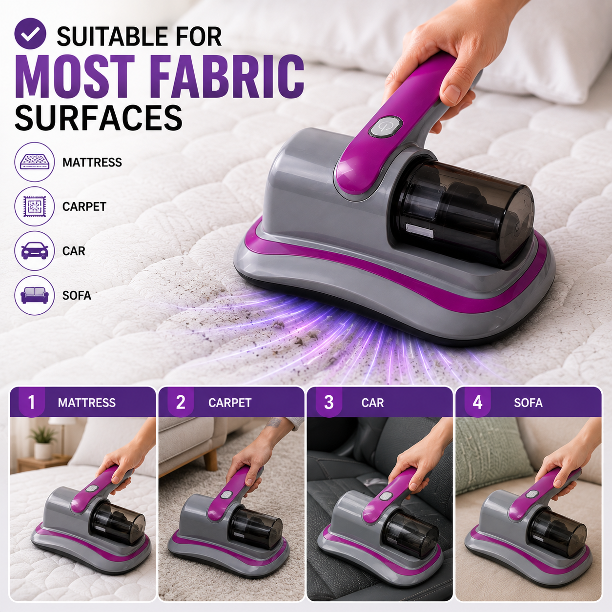 Portable Handheld Mattress Vacuum Cleaner – Cordless Anti Dust & Mite Cleaner for Bed, Sofa, Carpet & Car Seats (1 Pc)