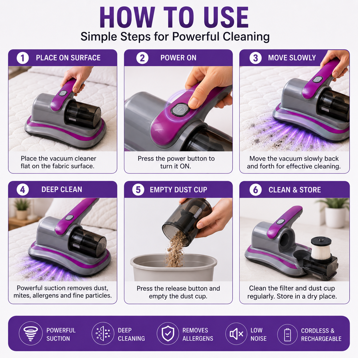 Portable Handheld Mattress Vacuum Cleaner – Cordless Anti Dust & Mite Cleaner for Bed, Sofa, Carpet & Car Seats (1 Pc)