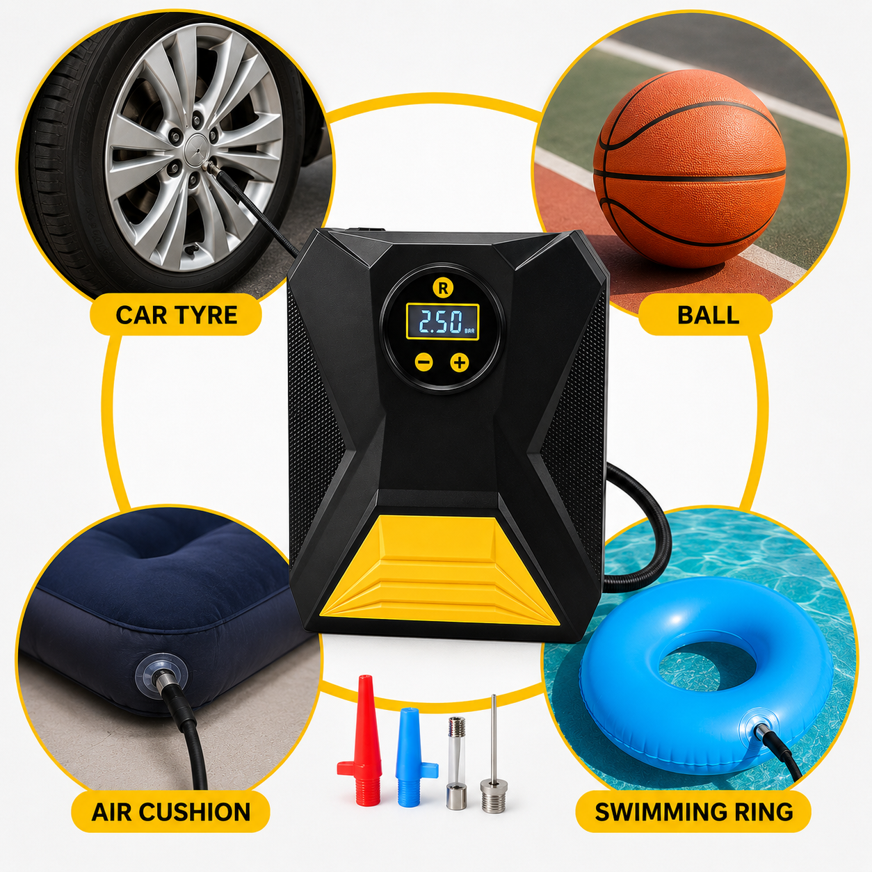 Mini Digital Portable Car Tyre Air Compressor with LCD Display & Auto Cut-Off – 12V Air Pump for Cars, Bikes, Balls & Inflatables