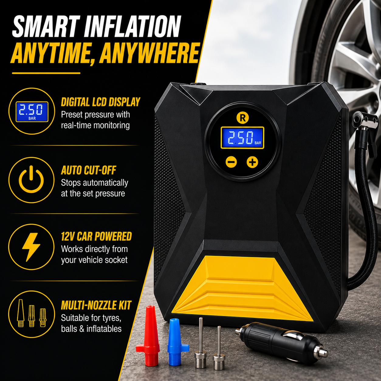 Mini Digital Portable Car Tyre Air Compressor with LCD Display & Auto Cut-Off – 12V Air Pump for Cars, Bikes, Balls & Inflatables