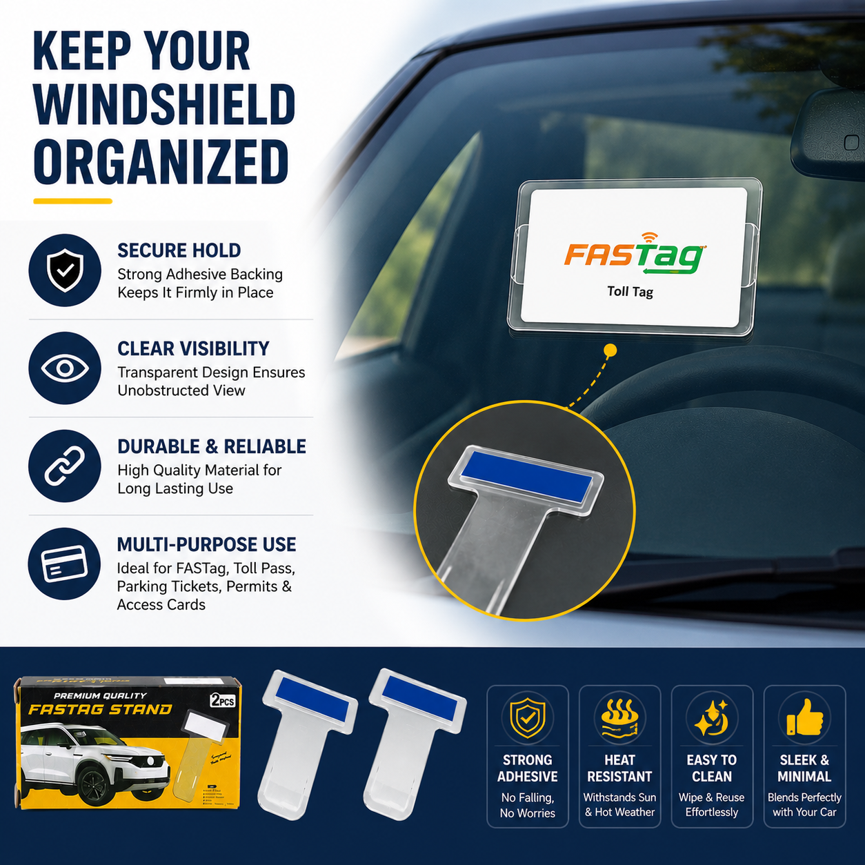 FASTag Stand & Transparent Ticket Holder for Car Windshield – Self-Adhesive Card Clip (2 Pieces)