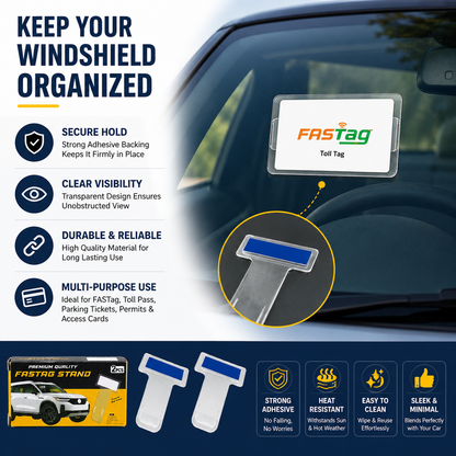 FASTag Stand & Transparent Ticket Holder for Car Windshield – Self-Adhesive Card Clip (2 Pieces)