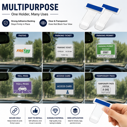 FASTag Stand & Transparent Ticket Holder for Car Windshield – Self-Adhesive Card Clip (2 Pieces)