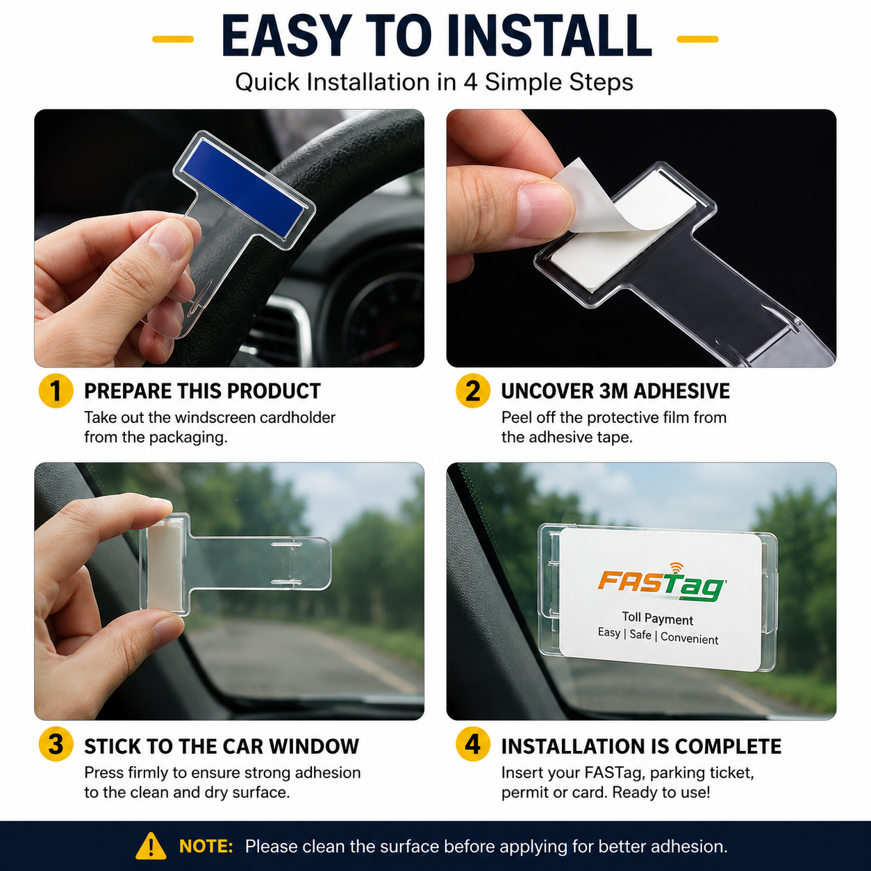 FASTag Stand & Transparent Ticket Holder for Car Windshield – Self-Adhesive Card Clip (2 Pieces)
