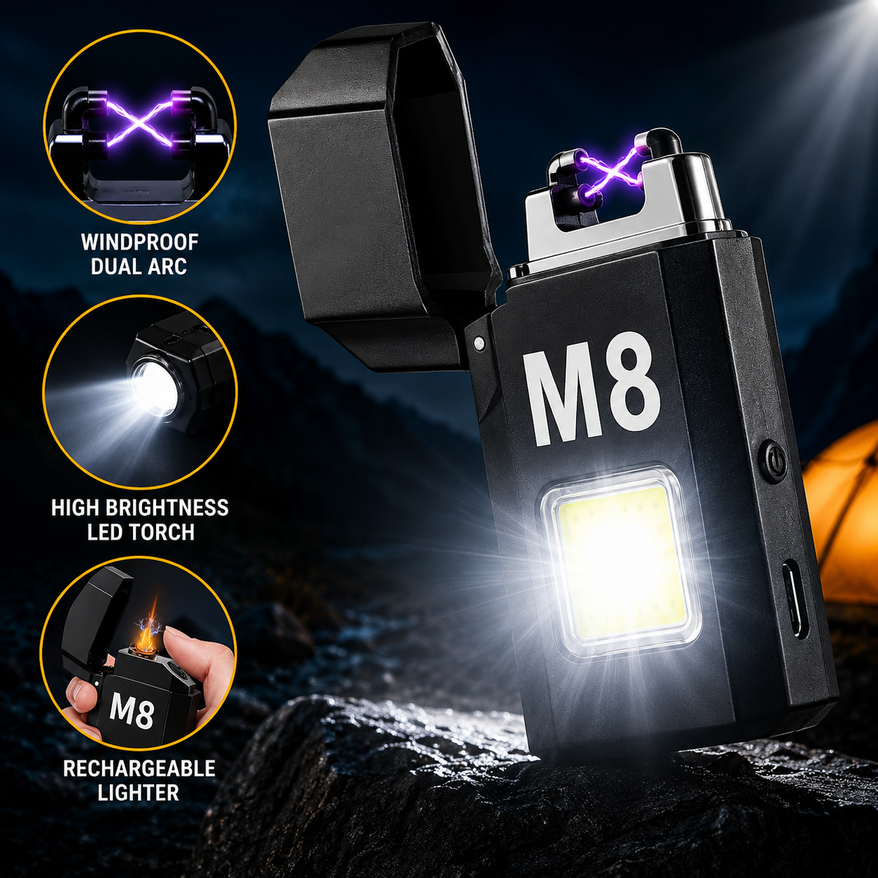 USB Rechargeable LED Torch Lighter with Electric Ignition – Portable Emergency Outdoor Survival Tool