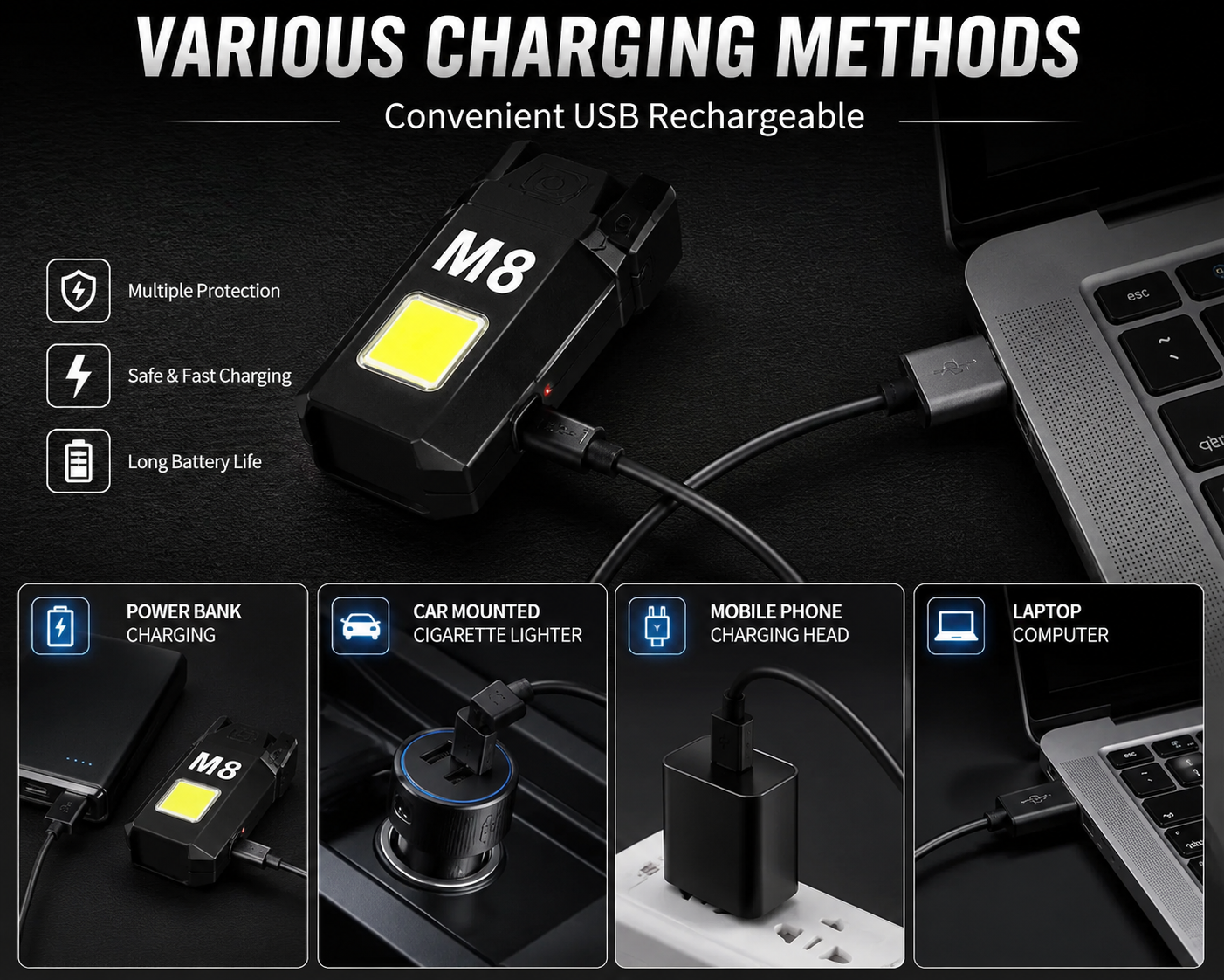 USB Rechargeable LED Torch Lighter with Electric Ignition – Portable Emergency Outdoor Survival Tool