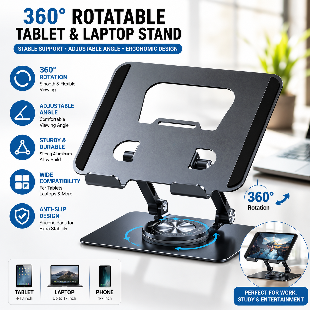 360° Rotating Aluminum Laptop & Tablet Stand | Adjustable Foldable Desk Holder