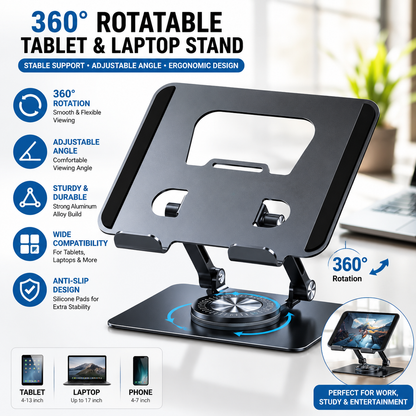 360° Rotating Aluminum Laptop & Tablet Stand | Adjustable Foldable Desk Holder