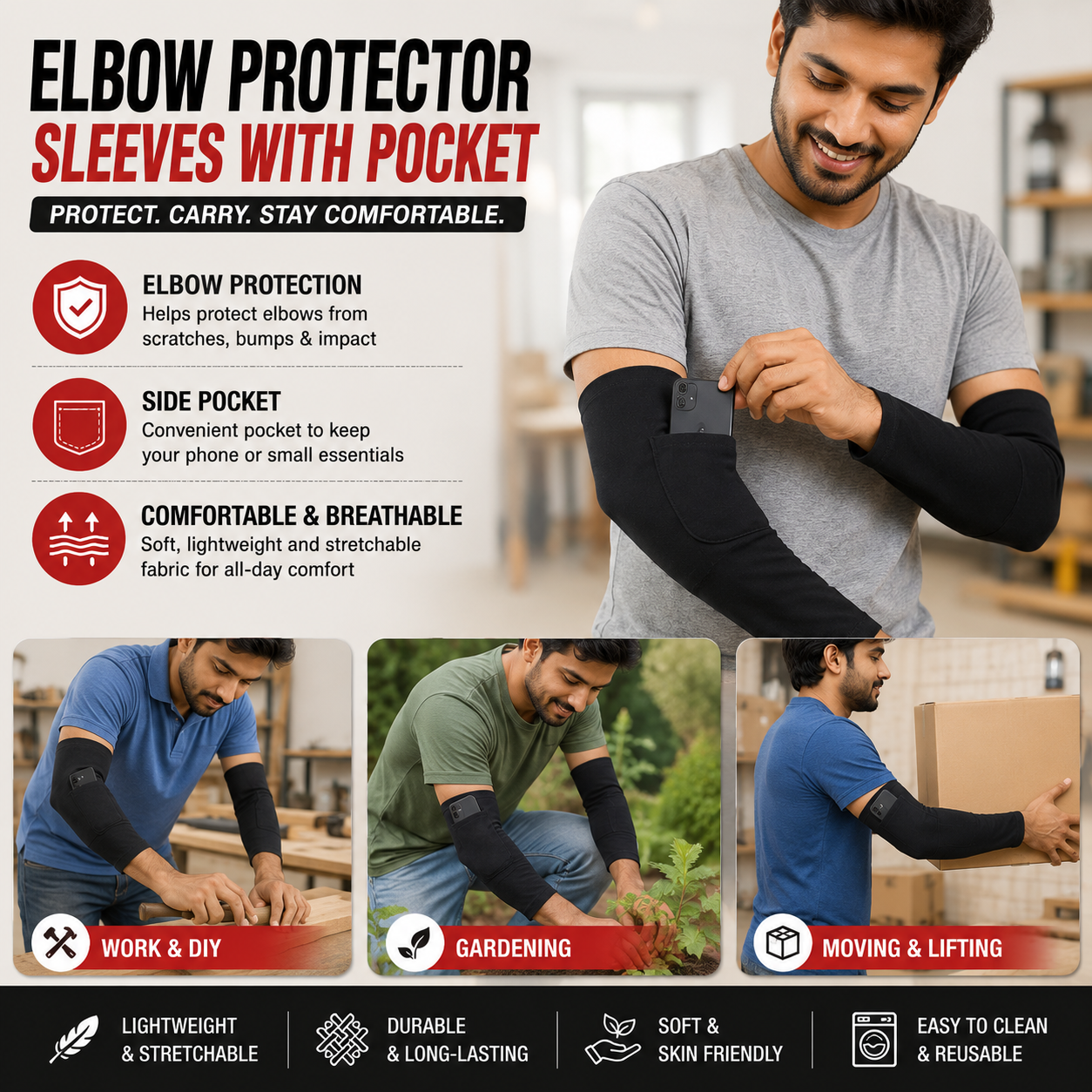 Elbow Protector Sleeves with Pocket | Protective Work Arm Covers (1 Pair)
